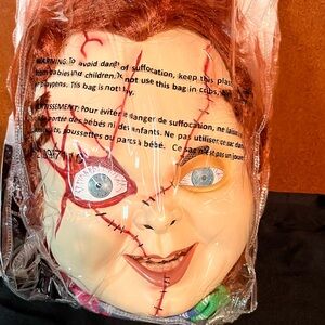 Horror Chucky Sweater & Stitched-Up Chucky Mask Halloween Costume Medium